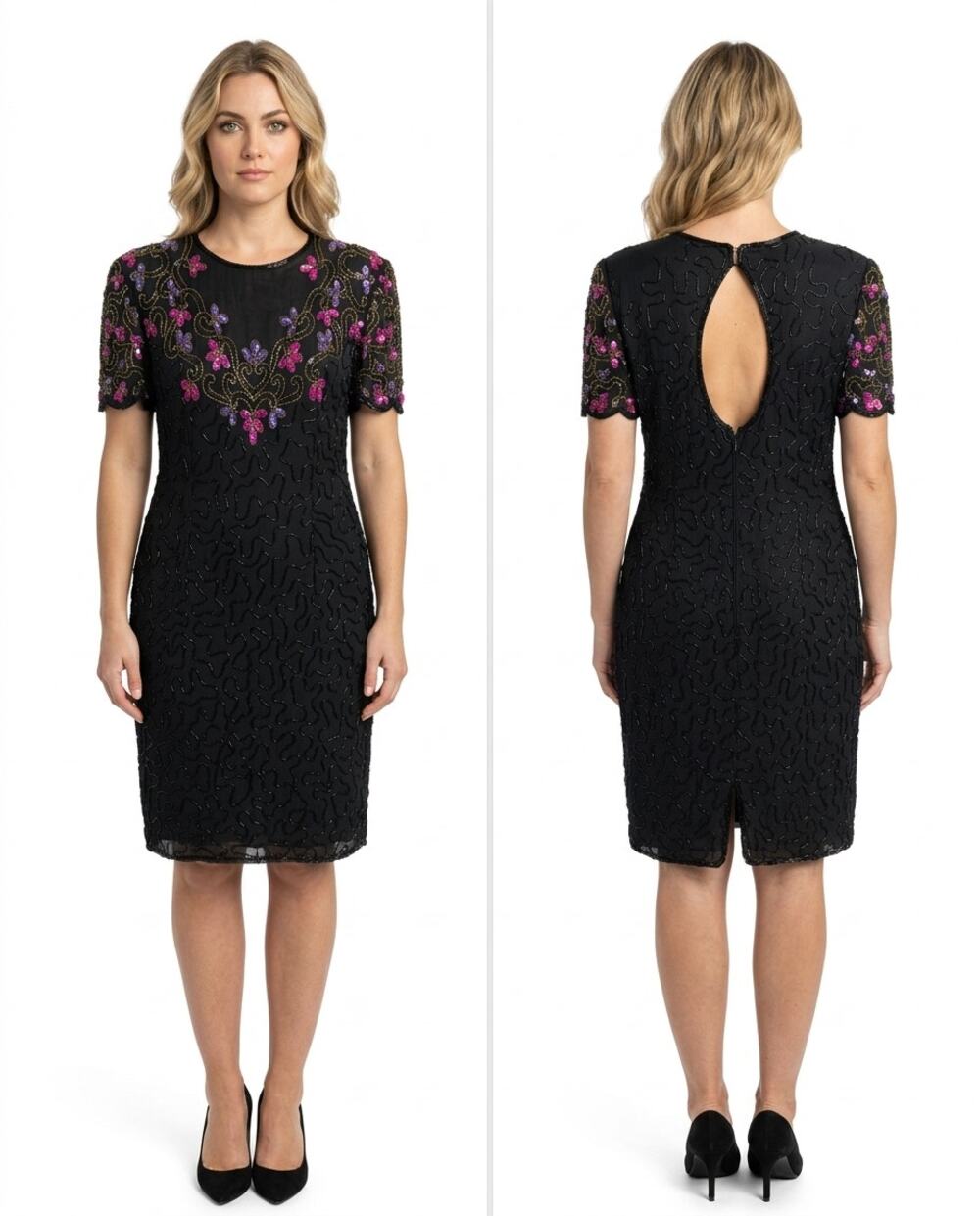 Vintage AP Ltd 100% Silk Beaded Sequin Keyhole Sheath Dress Women Size 8